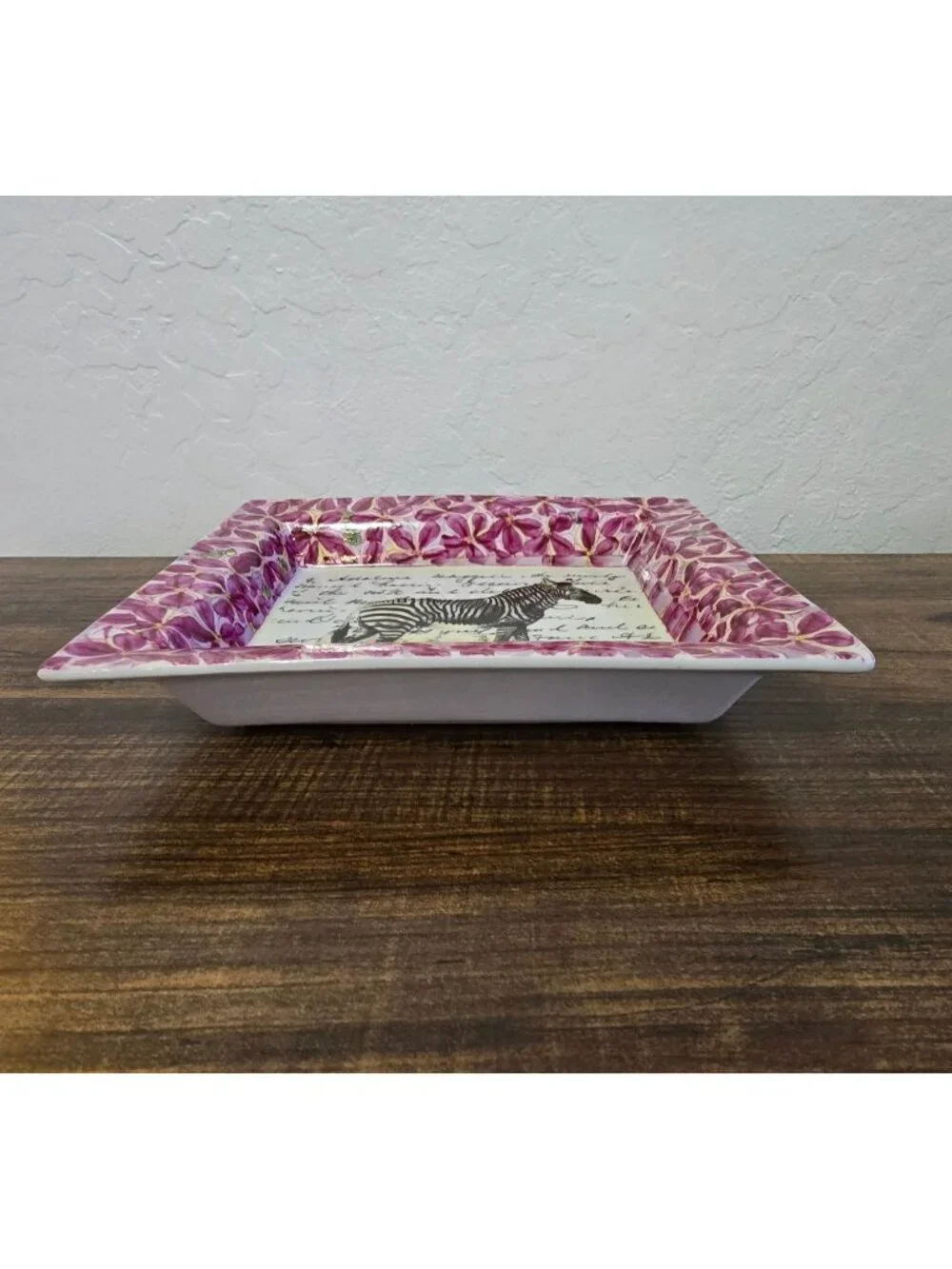 John Derian Hand-Painted Ceramic Desk Tray Catchall Zebra Script Purple Floral - Picture 3 of 9